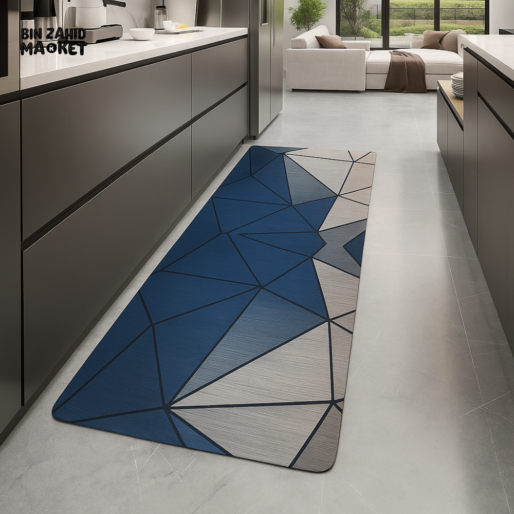 ANTI FATIGUE KITCHEN FLOOR MAT – LUXURY NON SLIP WATERPROOF COMFORT RUG WITH BLUE GEOMETRIC DESIGN