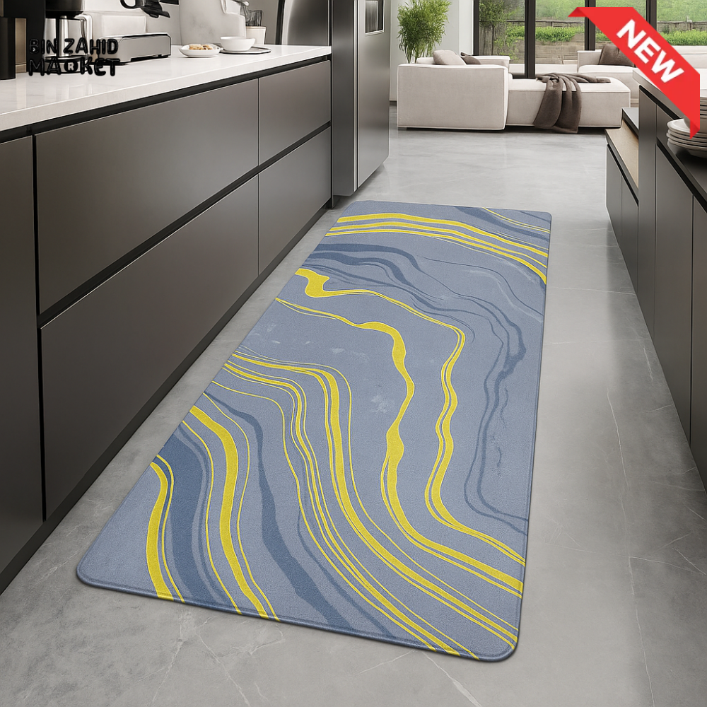 ANTI FATIGUE KITCHEN FLOOR MAT – LUXURY NON SLIP WATERPROOF COMFORT RUG WITH GRAY & YELLOW MARBLE WAVE DESIGN