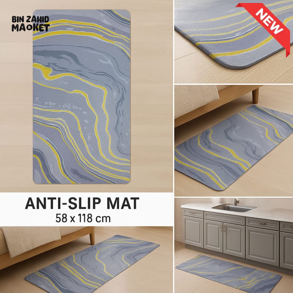 ANTI FATIGUE KITCHEN FLOOR MAT – LUXURY NON SLIP WATERPROOF COMFORT RUG WITH GRAY & YELLOW MARBLE WAVE DESIGN