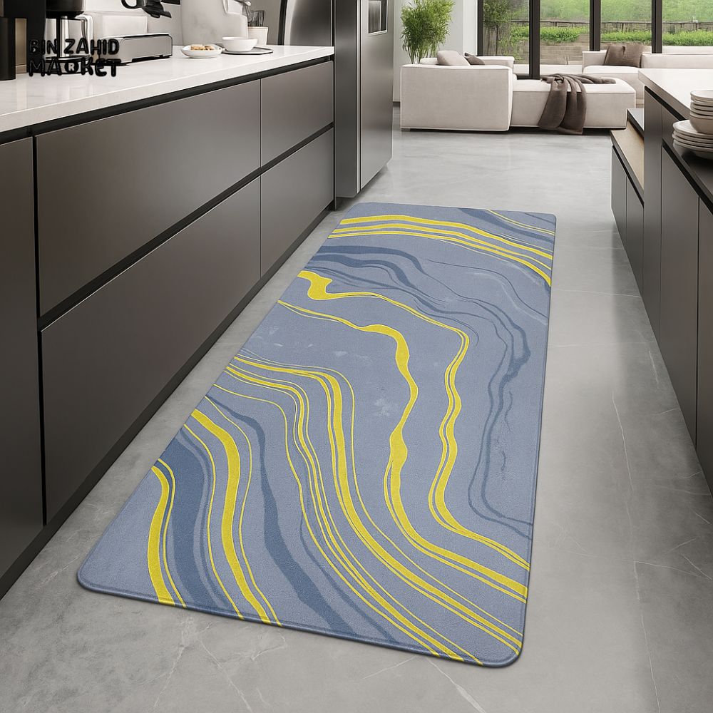 ANTI FATIGUE KITCHEN FLOOR MAT – LUXURY NON SLIP WATERPROOF COMFORT RUG WITH GRAY & YELLOW MARBLE WAVE DESIGN