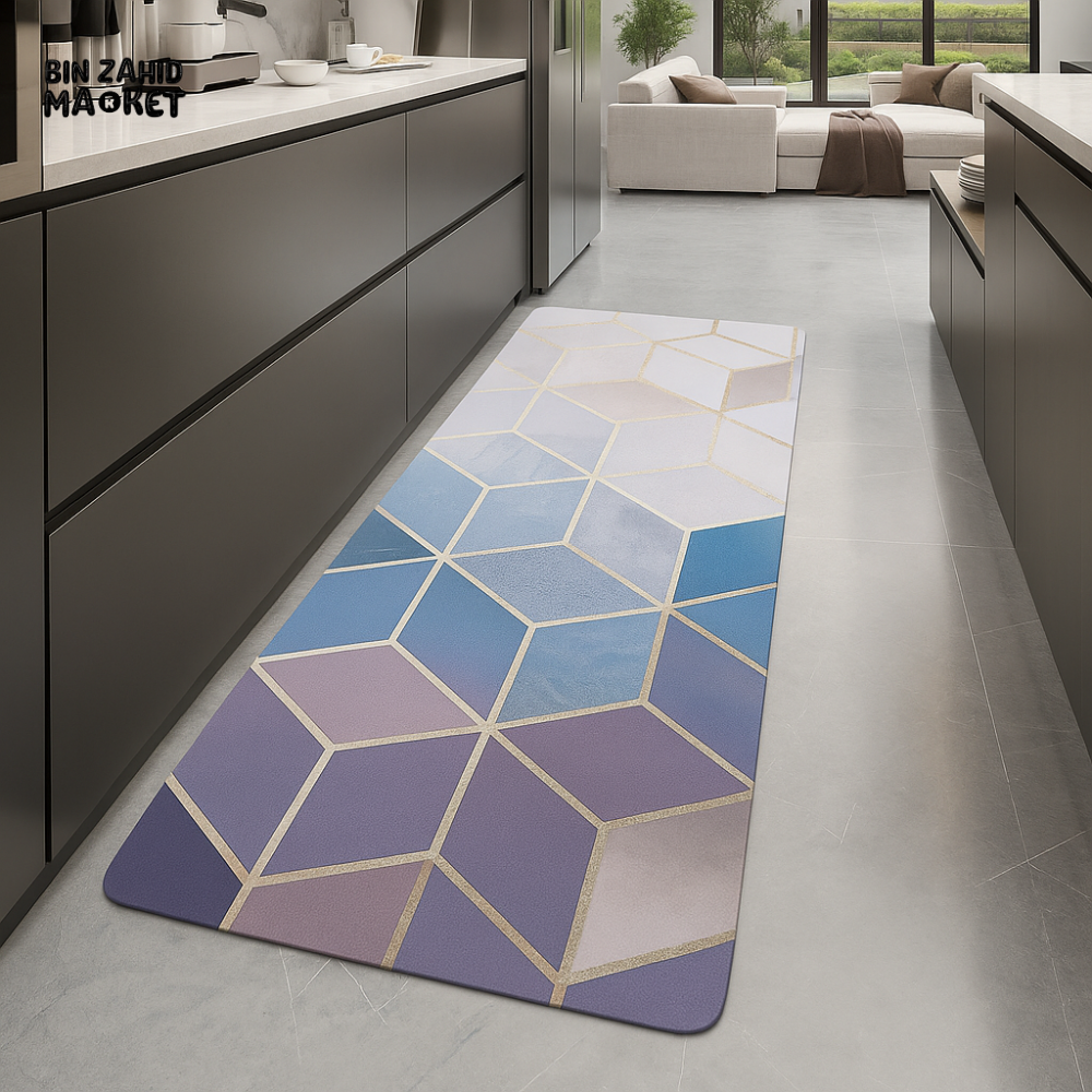 ANTI FATIGUE KITCHEN FLOOR MAT – LUXURY NON SLIP WATERPROOF COMFORT RUG WITH HEXAGON GEOMETRIC DESIGN IN PURPLE & BLUE
