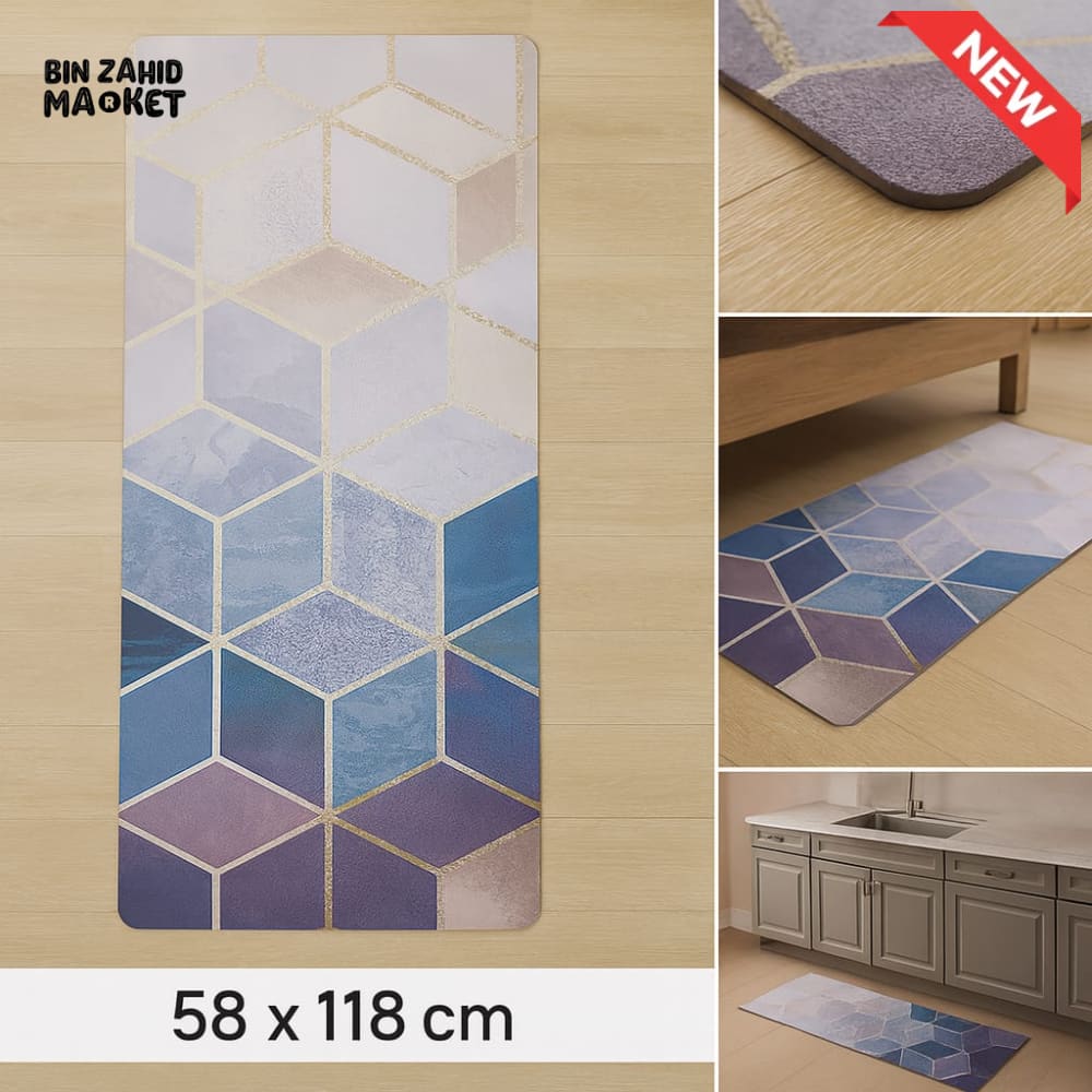 ANTI FATIGUE KITCHEN FLOOR MAT – LUXURY NON SLIP WATERPROOF COMFORT RUG WITH HEXAGON GEOMETRIC DESIGN IN PURPLE & BLUE