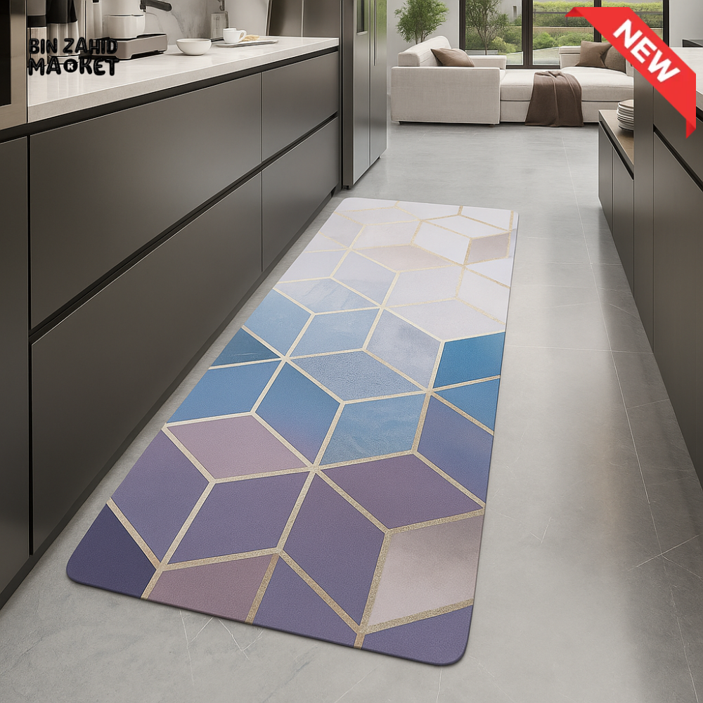 ANTI FATIGUE KITCHEN FLOOR MAT – LUXURY NON SLIP WATERPROOF COMFORT RUG WITH HEXAGON GEOMETRIC DESIGN IN PURPLE & BLUE