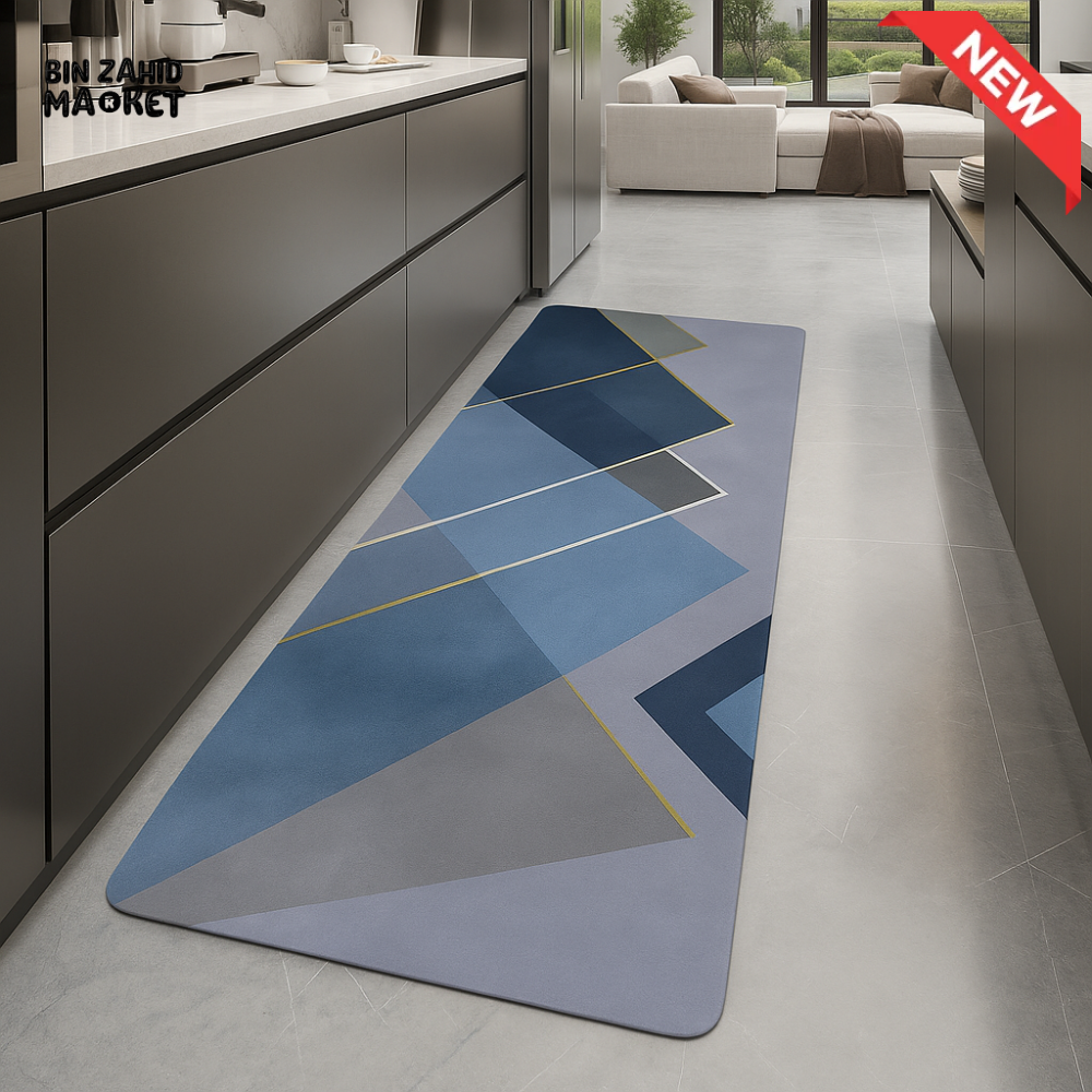 ANTI FATIGUE KITCHEN FLOOR MAT – LUXURY NON SLIP WATERPROOF COMFORT RUG WITH MODERN BLUE GEOMETRIC DESIGN