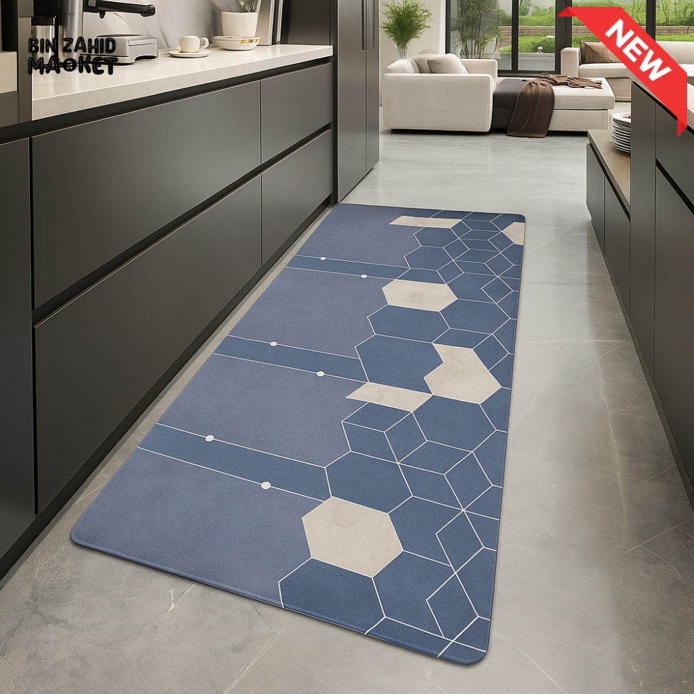 ANTI FATIGUE KITCHEN FLOOR MAT – LUXURY NON SLIP WATERPROOF COMFORT RUG WITH MODERN BLUE GEOMETRIC DESIGN