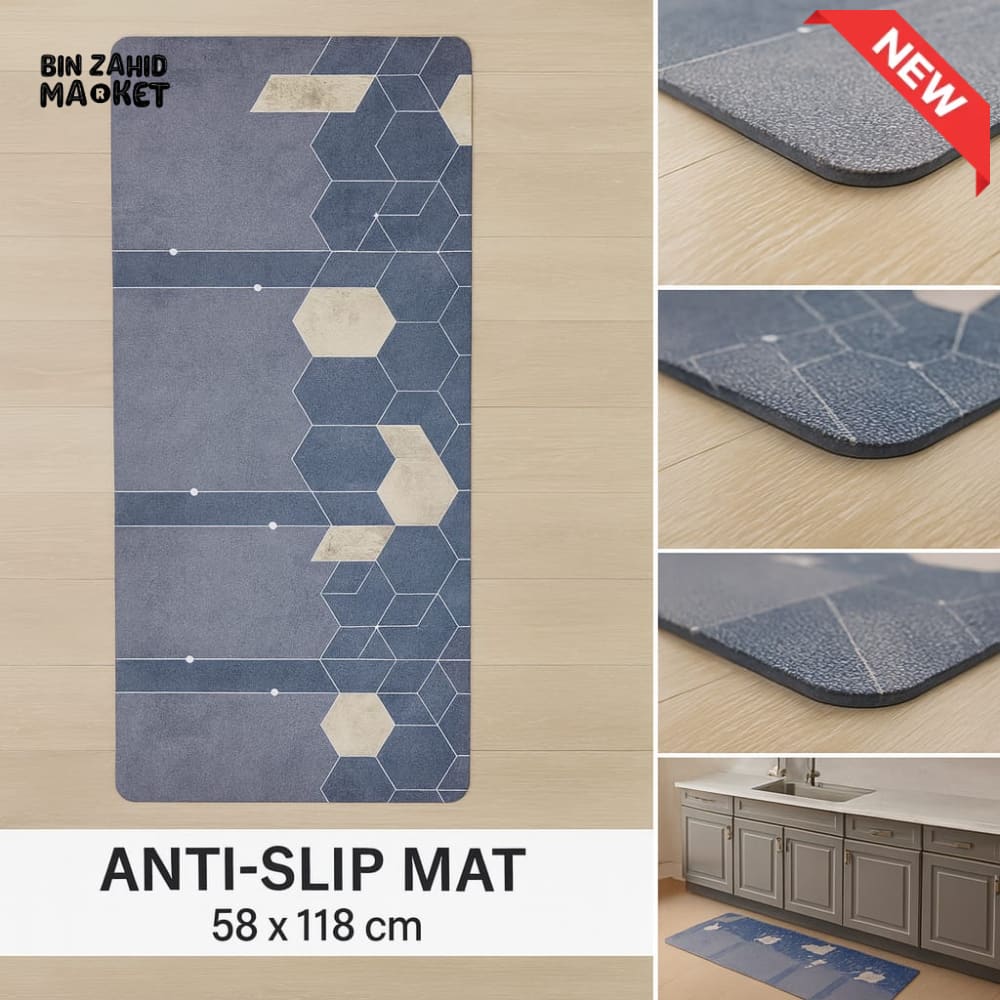 ANTI FATIGUE KITCHEN FLOOR MAT – LUXURY NON SLIP WATERPROOF COMFORT RUG WITH MODERN BLUE GEOMETRIC DESIGN