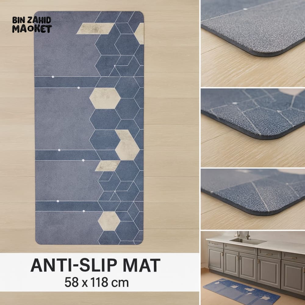 ANTI FATIGUE KITCHEN FLOOR MAT – LUXURY NON SLIP WATERPROOF COMFORT RUG WITH MODERN BLUE GEOMETRIC DESIGN