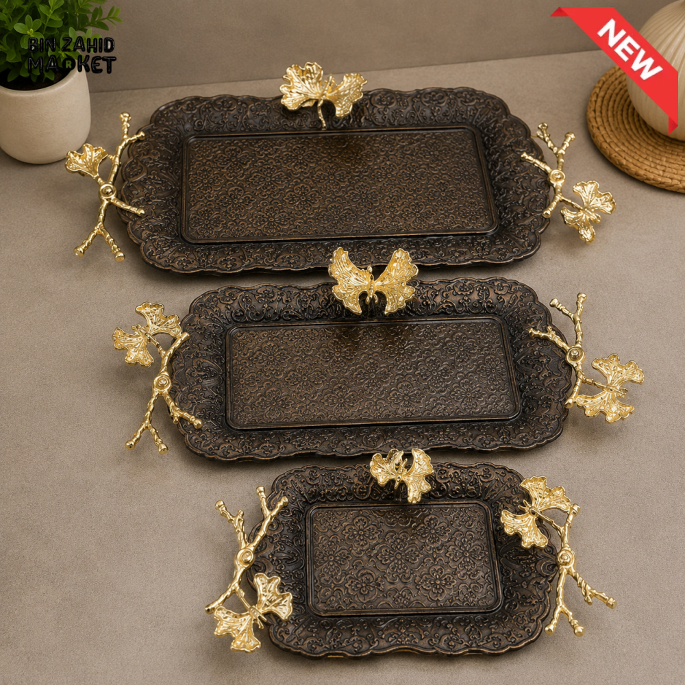 ANTIQUE BRONZE RECTANGULAR SERVING TRAY SET WITH GOLD FLORAL HANDLES - 3 PIECE