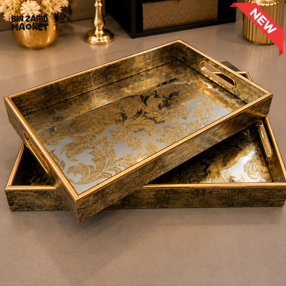 ANTIQUE GOLD DAMASK MIRROR SERVING TRAY SET