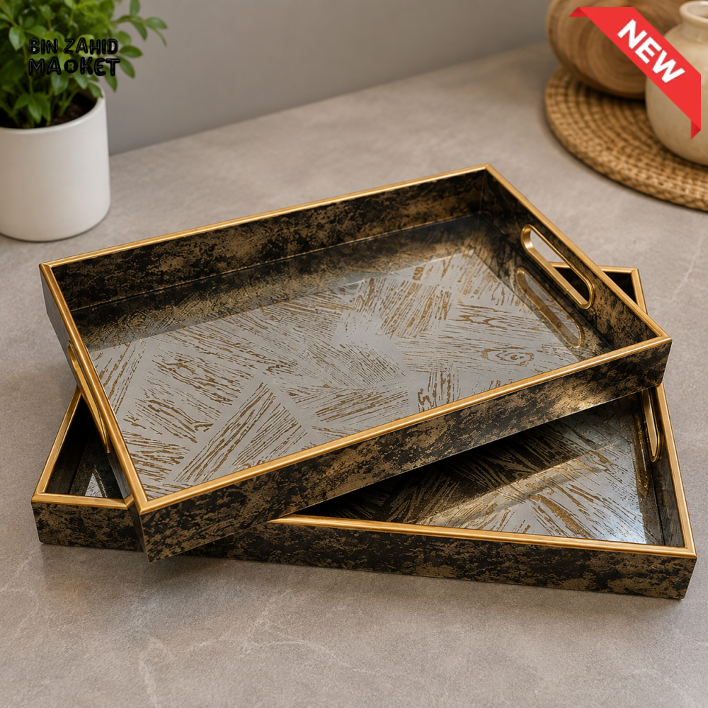 ANTIQUE GOLD RECTANGULAR SERVING TRAY SET WITH DECORATIVE BASE - 2 PIECE