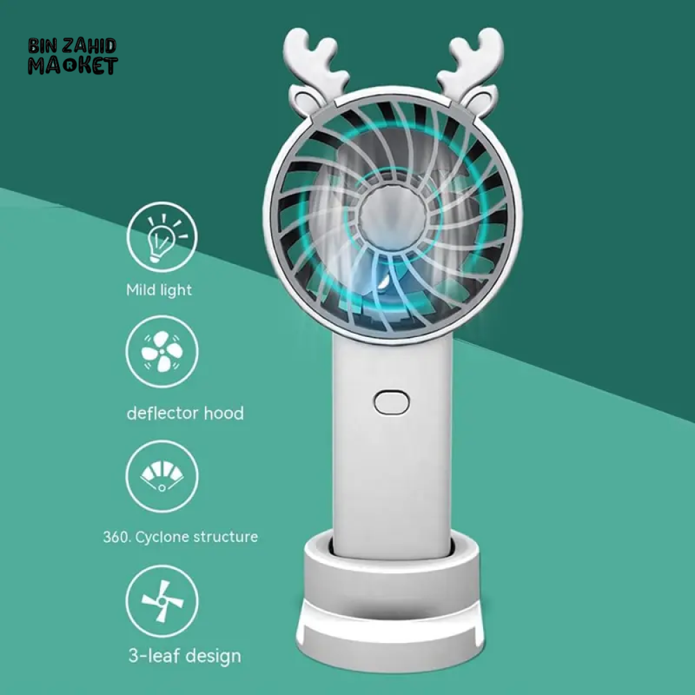 ANTLER HANDHELD MINI FAN WITH VERTICAL PHONE MOUNT PORTABLE RECHARGEABLE FASHION FAN FOR OUTDOOR & TRAVEL USE