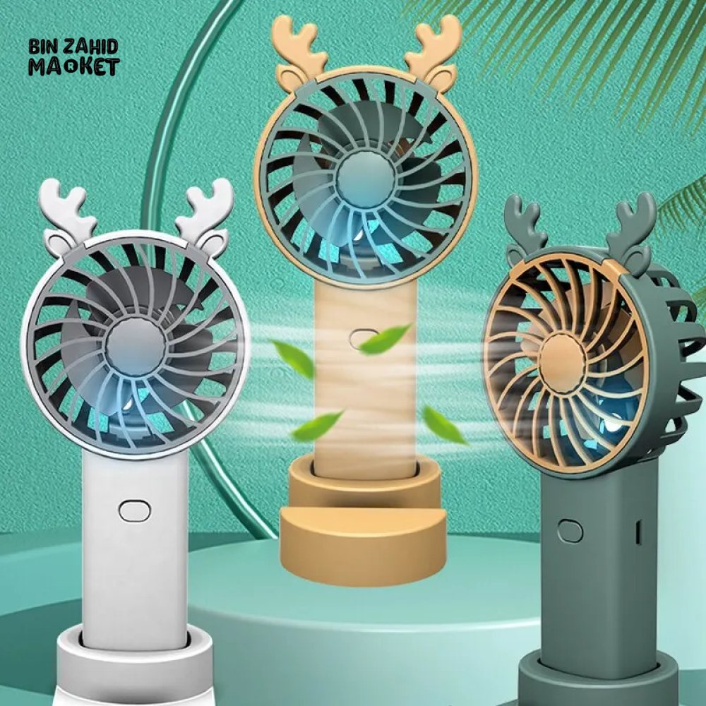 ANTLER HANDHELD MINI FAN WITH VERTICAL PHONE MOUNT PORTABLE RECHARGEABLE FASHION FAN FOR OUTDOOR & TRAVEL USE