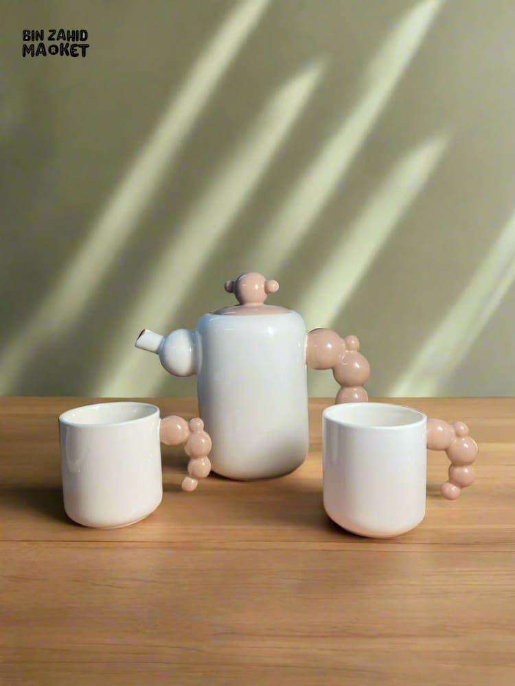 CREAM-STYLE CERAMIC TEA SET — ELEGANT TEAPOT AND CUPS WITH STYLISH RACK PERFECT FOR LIVING ROOM USE OR AS A HOUSEWARMING GIFT - BEIGE