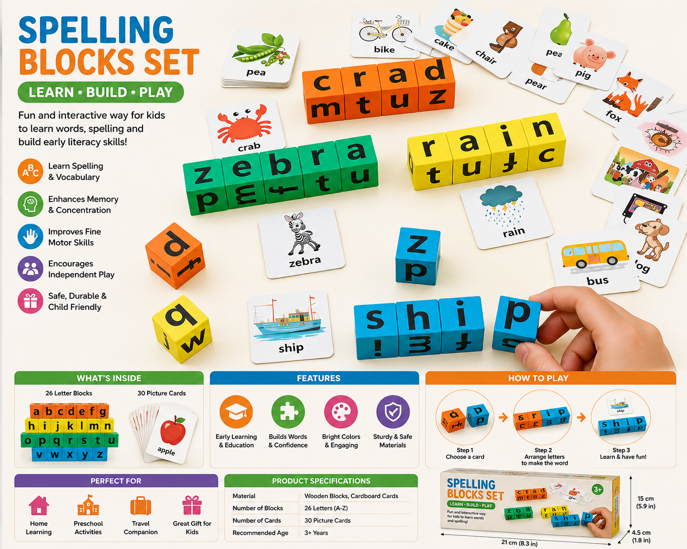 WOODEN SPELLING BLOCKS LEARNING GAME SET