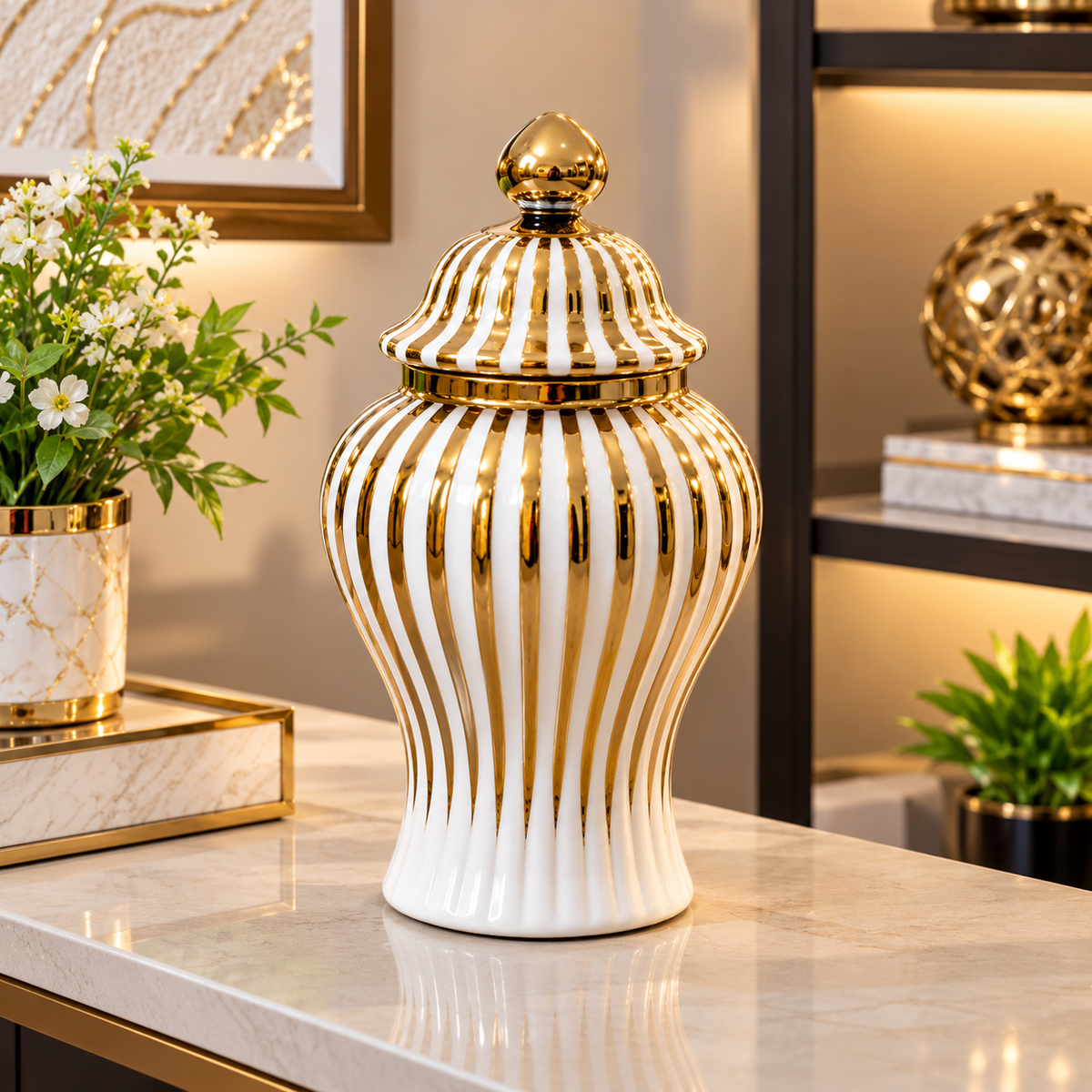 WHITE & GOLD STRIPED DECORATIVE JAR WITH LID - LARGE