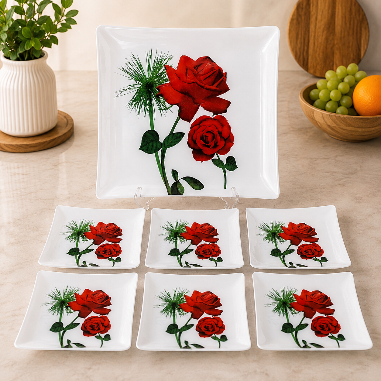 ARCOFAM ELEGANT RED ROSE GLASS SERVING 7 PIECE PLATE SET - WHITE GOLAFARID