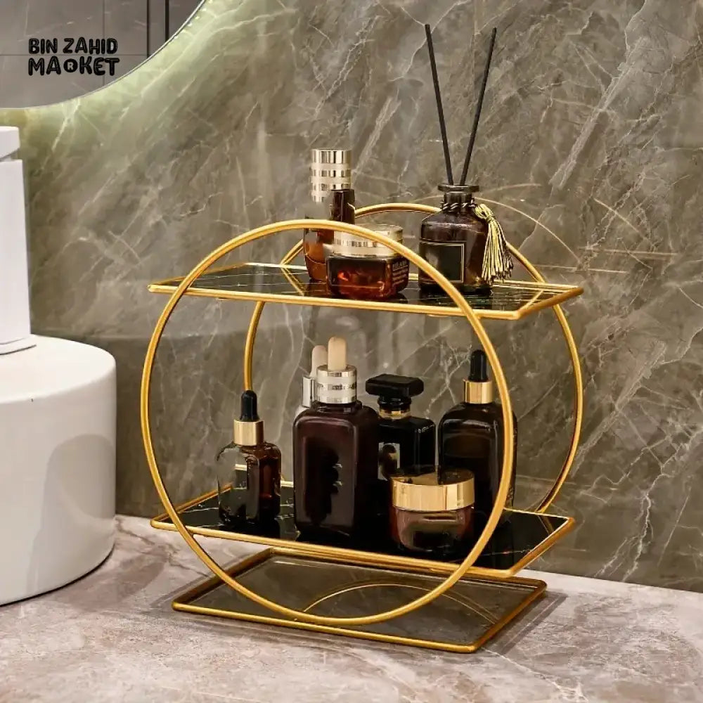 LIGHT LUXURY BATHROOM SHELF RACK COSMETICS ORGANIZER FOR DRESSING TABLE - CIRCLE SHAPE Gold