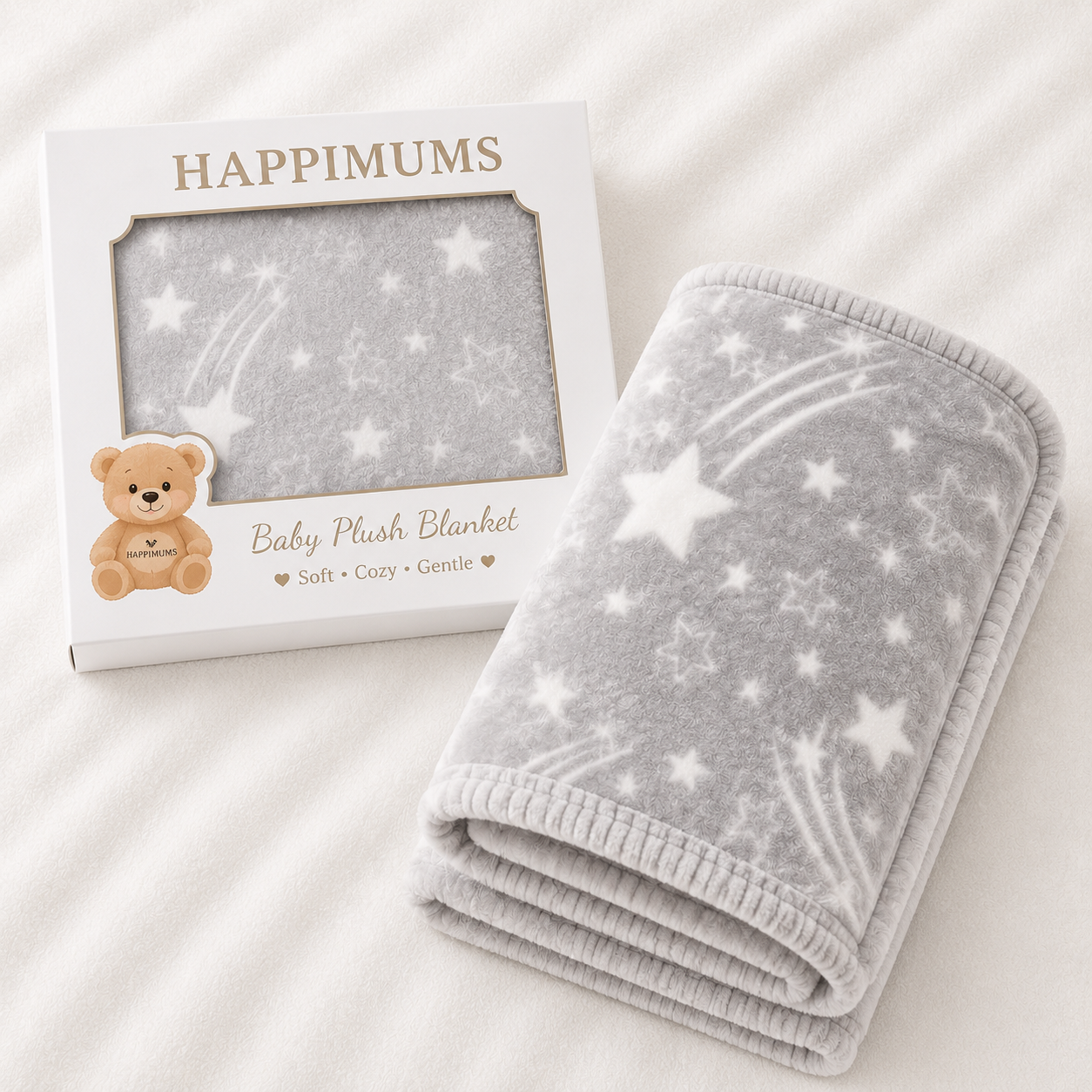 HAPPIMUMS BABY PLUSH SLEEPING BLANKET DOUBLE PLY SHOOTING STAR 110 x 80 - GREY