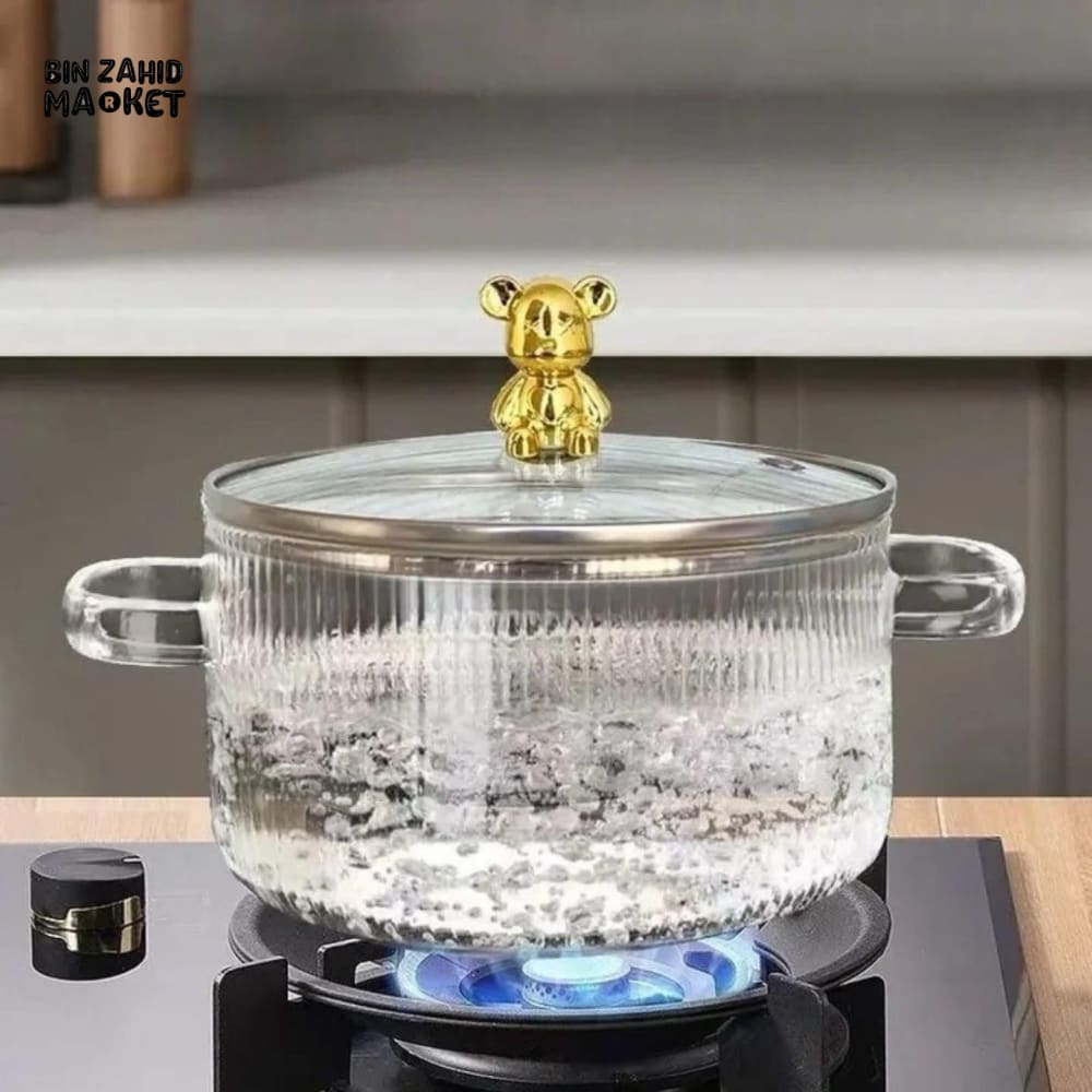 HEAT-RESISTANT 2 LITRE GLASS COOKING POT WITH LID BOROSILICATE GLASS FOR SOUP MILK & NOODLES