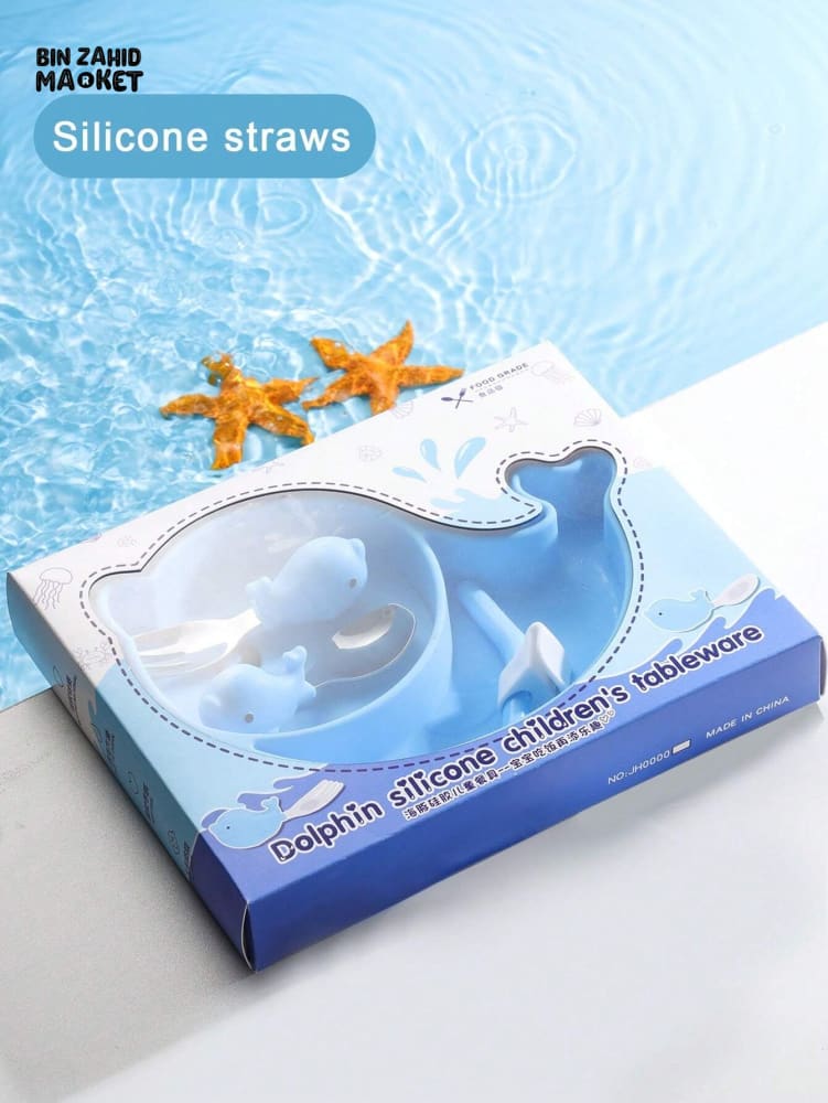BABY SILICONE TABLEWARE SET – DOLPHIN BLUE SAFE NON-SLIP & BPA-FREE FEEDING SET FOR TODDLERS