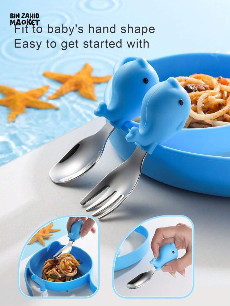 BABY SILICONE TABLEWARE SET – DOLPHIN BLUE SAFE NON-SLIP & BPA-FREE FEEDING SET FOR TODDLERS