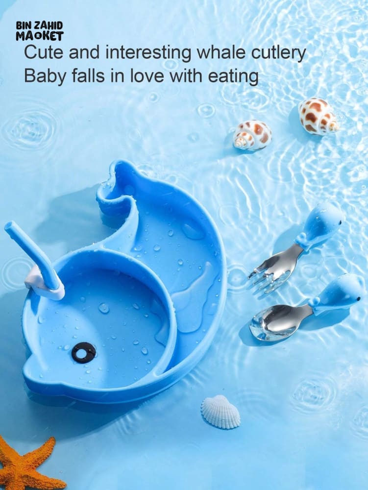 BABY SILICONE TABLEWARE SET – DOLPHIN BLUE SAFE NON-SLIP & BPA-FREE FEEDING SET FOR TODDLERS