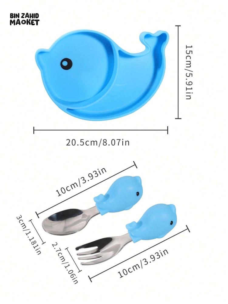 BABY SILICONE TABLEWARE SET – DOLPHIN BLUE SAFE NON-SLIP & BPA-FREE FEEDING SET FOR TODDLERS