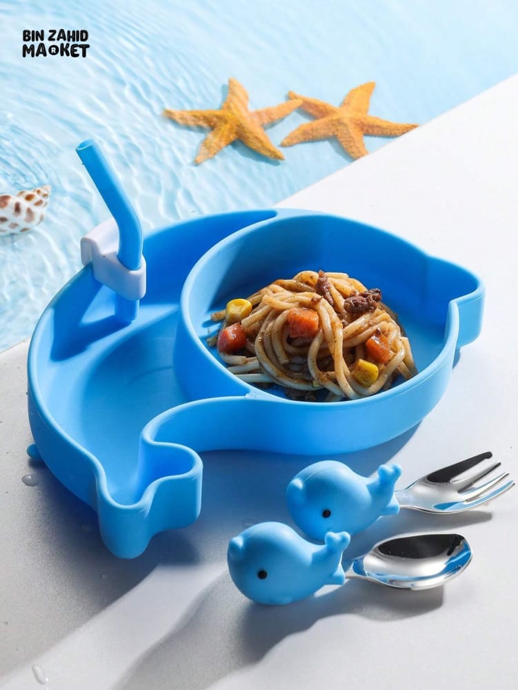 BABY SILICONE TABLEWARE SET – DOLPHIN BLUE SAFE NON-SLIP & BPA-FREE FEEDING SET FOR TODDLERS