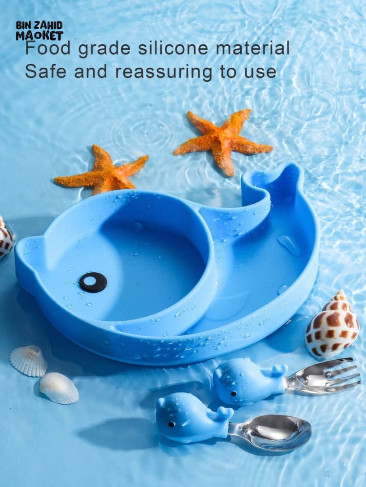 BABY SILICONE TABLEWARE SET – DOLPHIN BLUE SAFE NON-SLIP & BPA-FREE FEEDING SET FOR TODDLERS