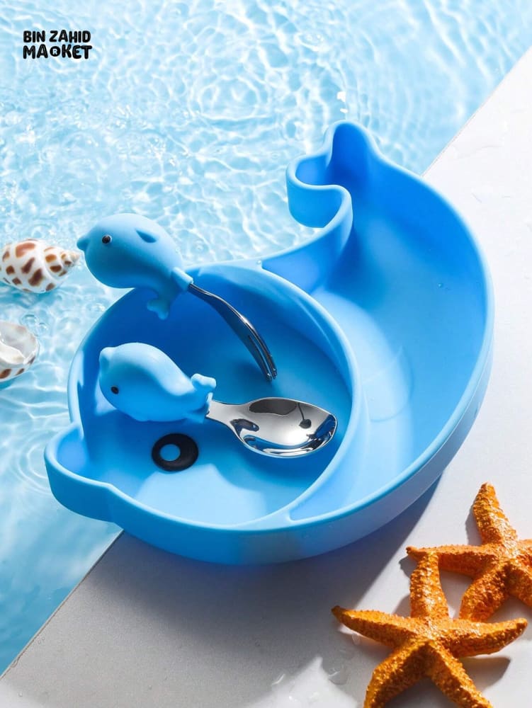 BABY SILICONE TABLEWARE SET – DOLPHIN BLUE SAFE NON-SLIP & BPA-FREE FEEDING SET FOR TODDLERS
