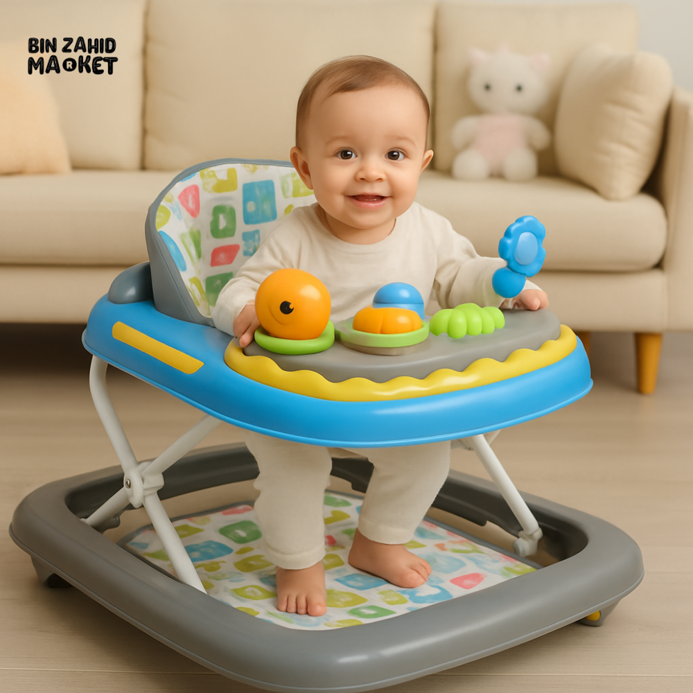 BABY WALKER – INFANT WALKER WITH AQUA BASE, SEA ANIMAL TOYS & PADDED PRINTED SEAT - GREY