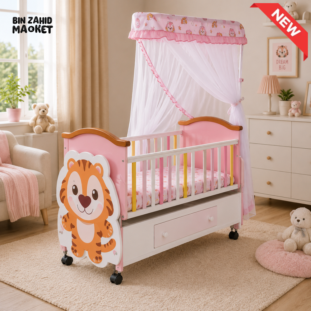 BABY WOODEN CRIB WITH MOSQUITO NET AND STORAGE - PINK