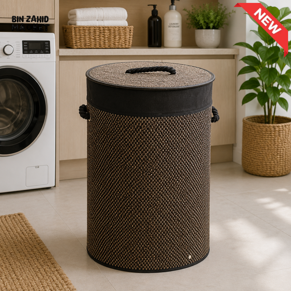 Dark Brown Bamboo Round Laundry Basket with Lid