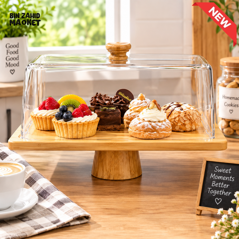 BAMBOO CAKE & DESSERT SERVING STAND WITH TRANSPARENT COVER