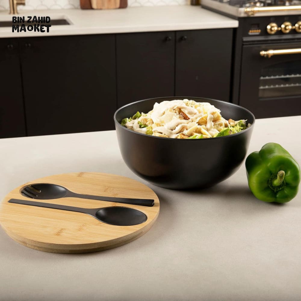 BAMBOO FIBER SALAD BOWL SET WITH WOODEN LID & SERVERS