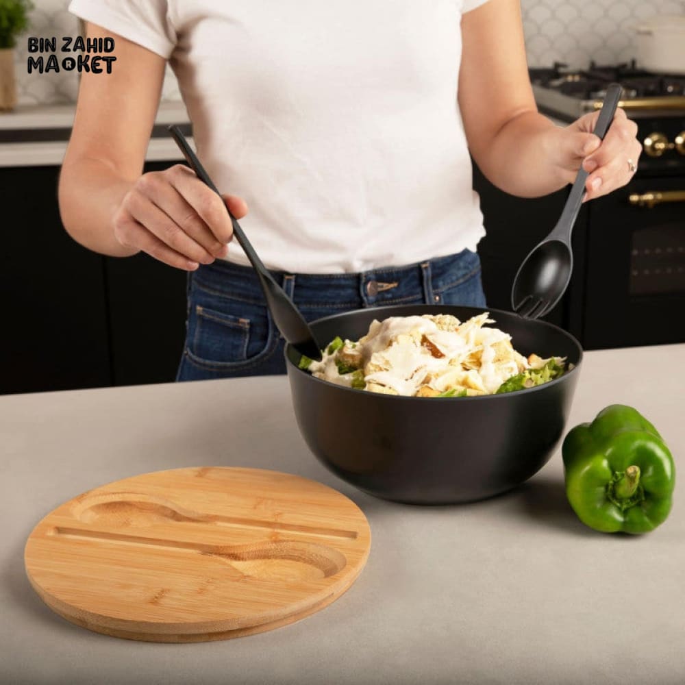 BAMBOO FIBER SALAD BOWL SET WITH WOODEN LID & SERVERS