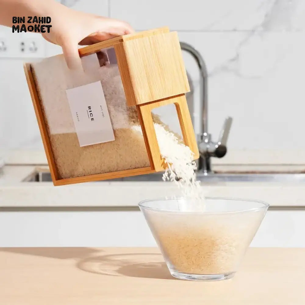 BAMBOO GRAIN STORAGE BOX AIRTIGHT SQUARE PANTRY ORGANIZER FOR RICE CEREAL DRY GOODS