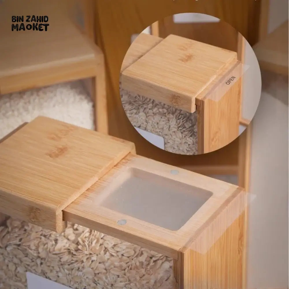 BAMBOO GRAIN STORAGE BOX AIRTIGHT SQUARE PANTRY ORGANIZER FOR RICE CEREAL DRY GOODS