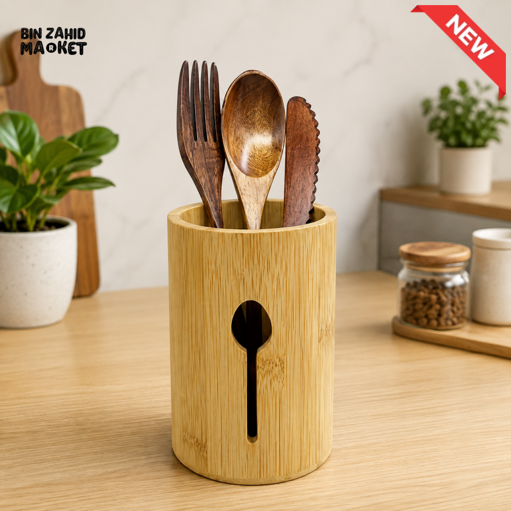 BAMBOO KITCHEN UTENSIL HOLDER WITH SPOON CUTOUT DESIGN