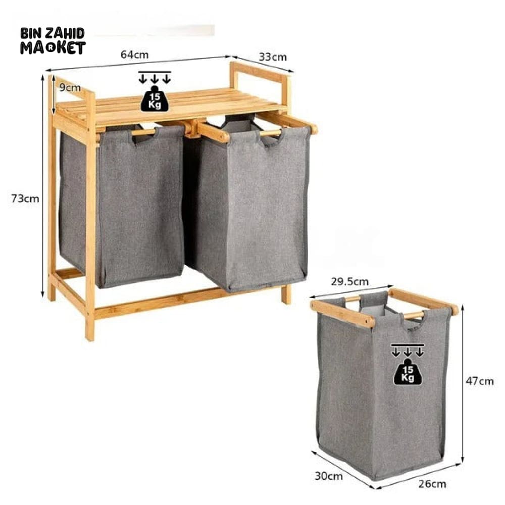 Bamboo Laundry Hamper With Dual Compartments - Grey