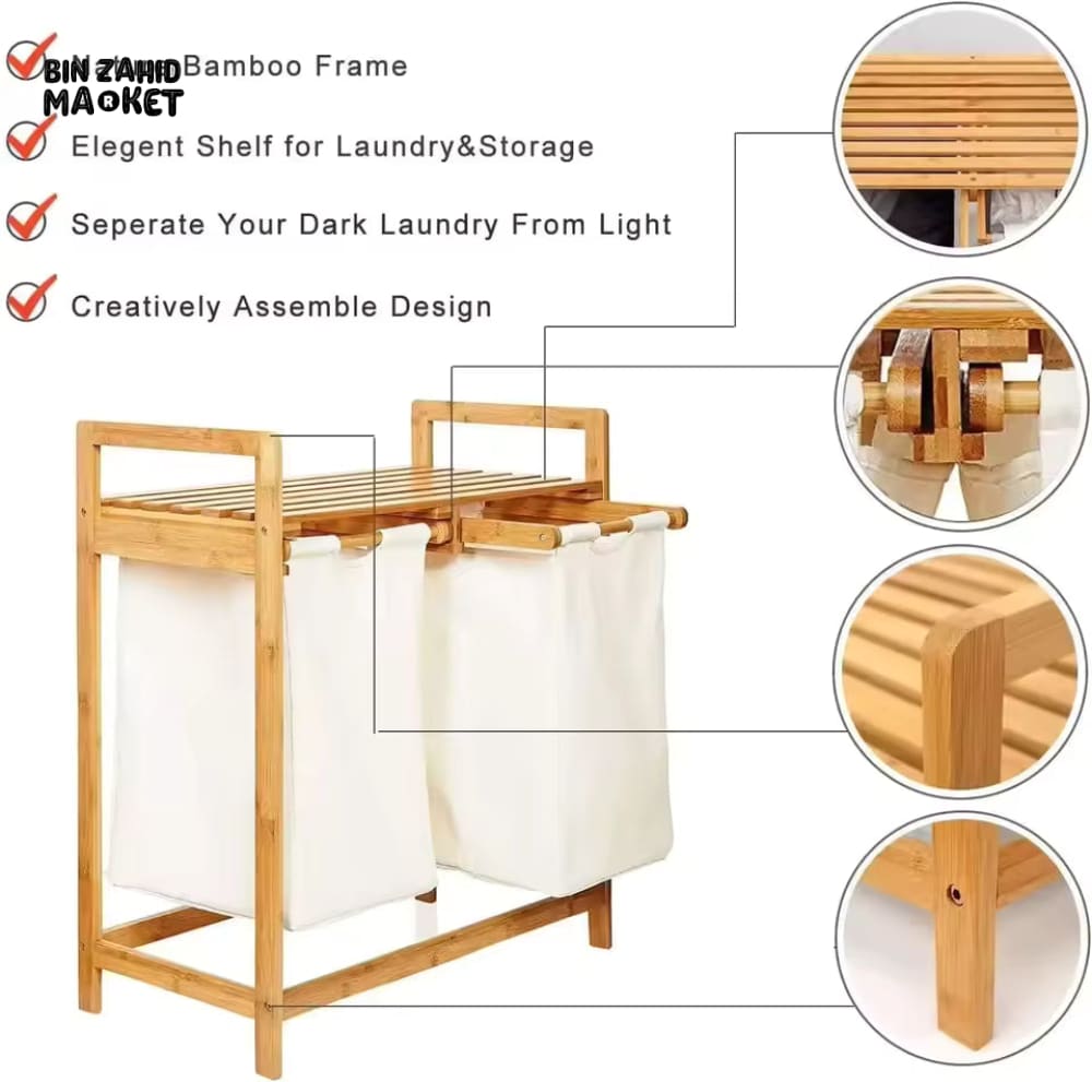 Bamboo Laundry Hamper With Dual Compartments - White