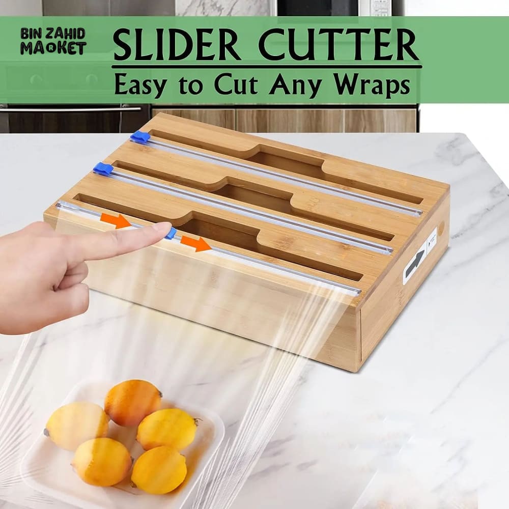 BAMBOO WRAP DISPENSER WITH SLIDER CUTTER – WALL MOUNTED PLASTIC & FOIL ORGANIZER FOR KITCHEN STORAGE AND FOOD WRAPPING 3IN1