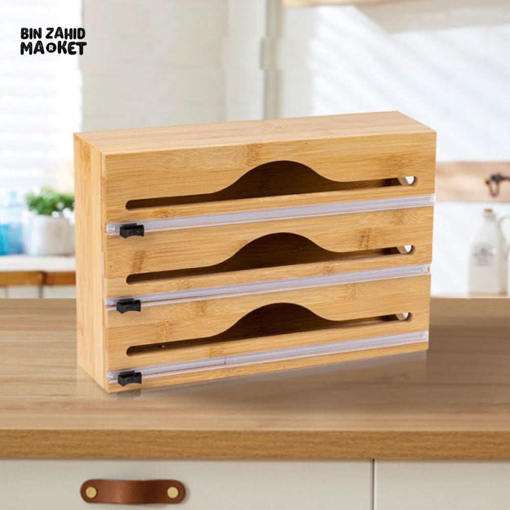 BAMBOO WRAP DISPENSER WITH SLIDER CUTTER – WALL MOUNTED PLASTIC & FOIL ORGANIZER FOR KITCHEN STORAGE AND FOOD WRAPPING 3IN1