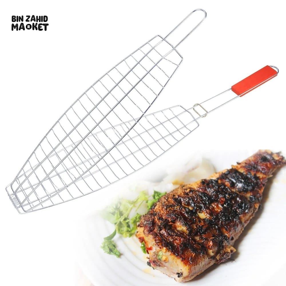 BARBEQUE FISH GRILL WITH WOODEN HANDLE