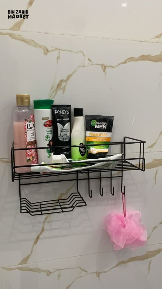 BATHROOM STORAGE SHELF WITH HOOKS AND SOAP DISH