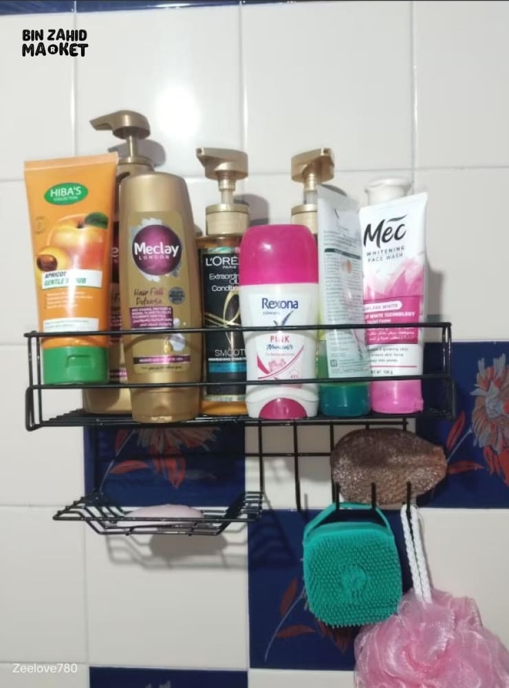 BATHROOM STORAGE SHELF WITH HOOKS AND SOAP DISH