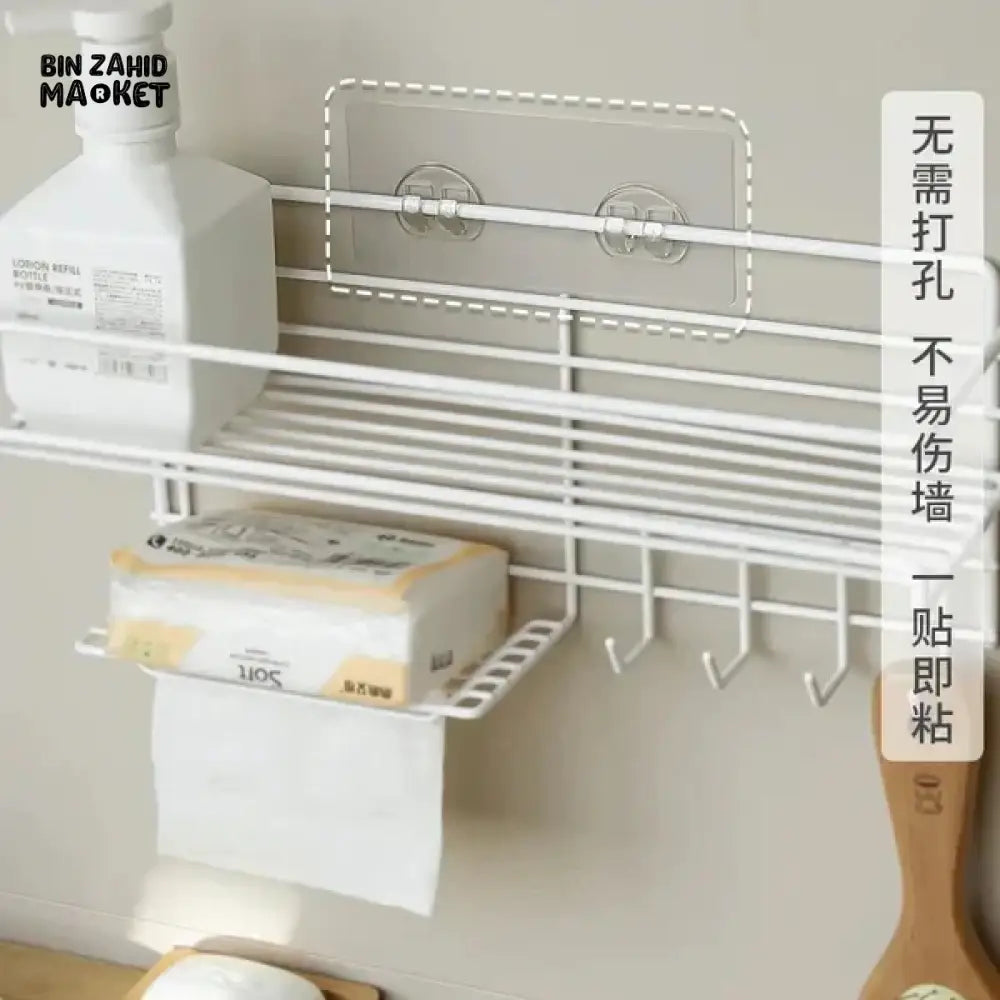 BATHROOM STORAGE SHELF WITH HOOKS AND SOAP DISH