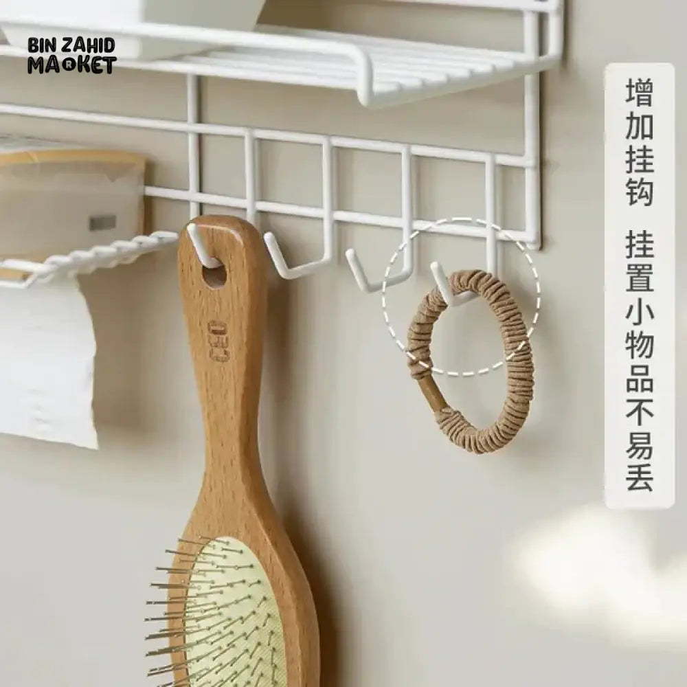BATHROOM STORAGE SHELF WITH HOOKS AND SOAP DISH