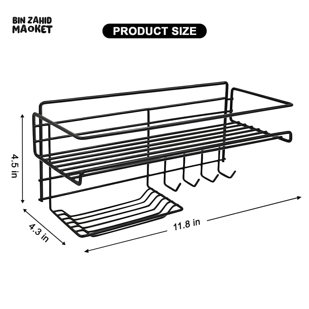 BATHROOM STORAGE SHELF WITH HOOKS AND SOAP DISH