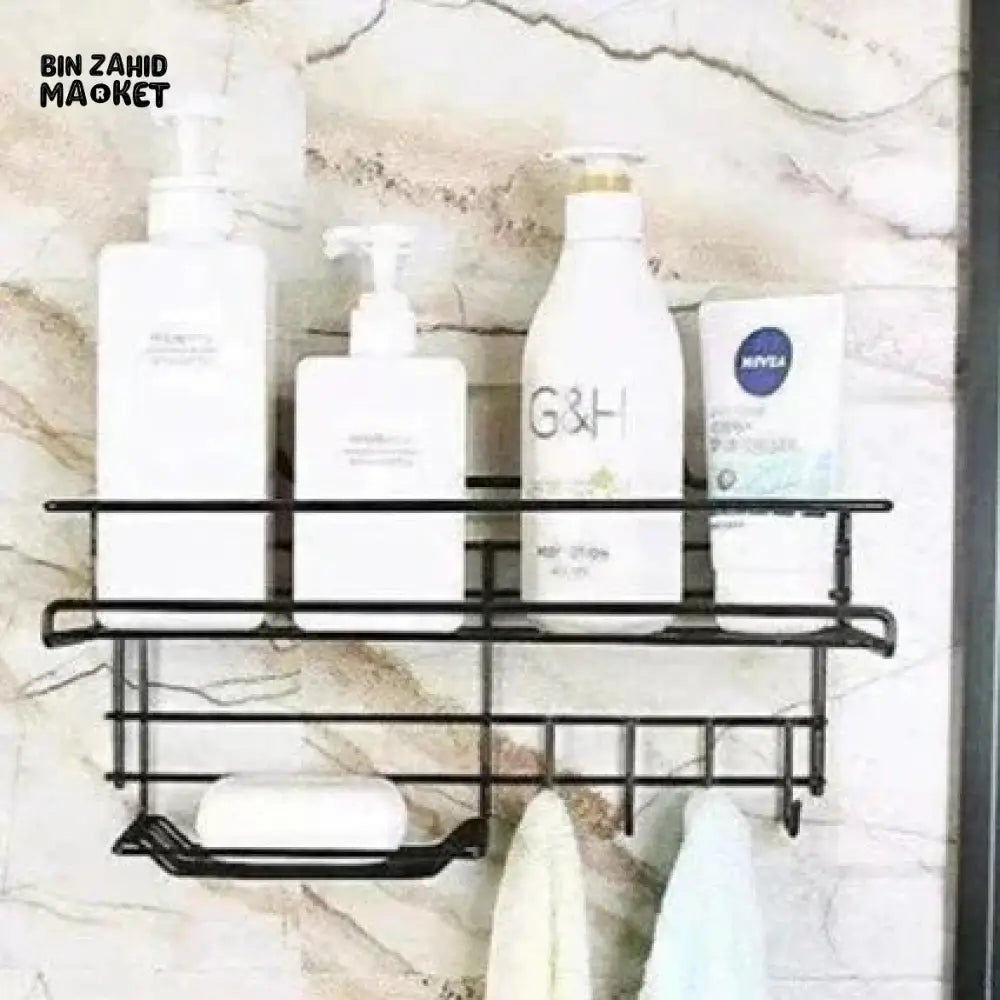 BATHROOM STORAGE SHELF WITH HOOKS AND SOAP DISH Black